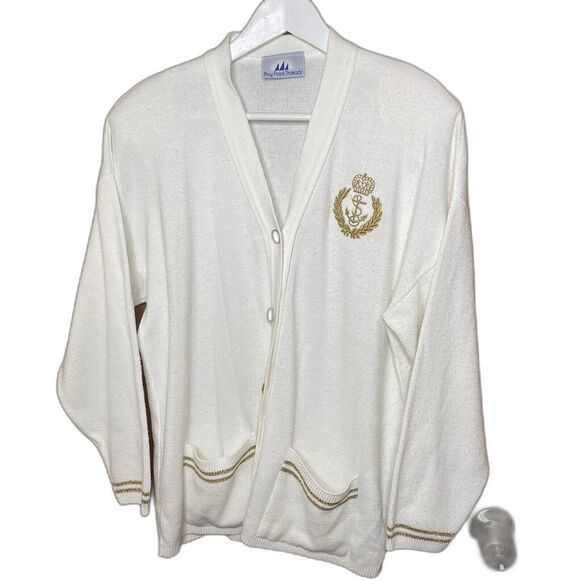Vintage BAY POINT THREADS Cardigan Nautical Eagle Gold Crest Womens M White - Picture 1 of 8